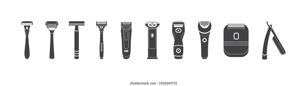 Set of icons of shavers and shaving razors, cartoon vector illustration isolated on white background. Male shaving tools black minimalist symbols collection.