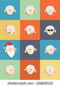 Set of icons of sheep with different emotions in the style of a flat design. And twelve unique icon - Santa Claus lamb.