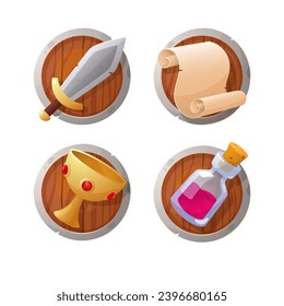 Conjunto de iconos con escudos y papel, taza, espada y poción de estilo plano, ilustración vectorial aislada en fondo blanco. Colección de elementos de diseño decorativos para juegos