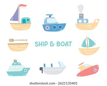 Conjunto de iconos con tema BARCO Y BARCO. Con estilo doodle. Para la distribución, el Sitio web, el Diseño gráfico.