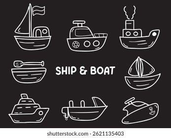 Set of icons with SHIP AND BOAT theme. With doodle style. For layout, website, graphic design.
