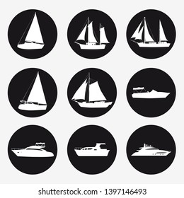 Set icons Ship, pleasure boat, speed boat, cruise ship, luxury yacht on black background for graphic and web design. Simple vector sign. Internet concept symbol for website button or mobile app