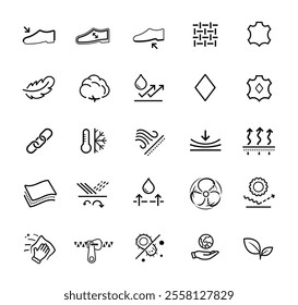 Set icons for shoes materials. The outline icons are well scalable and editable. Contrasting vector elements are good for different backgrounds. EPS10.	