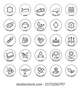 Set icons for shoes materials. The outline icons are well scalable and editable. Contrasting vector elements are good for different backgrounds. EPS10.	