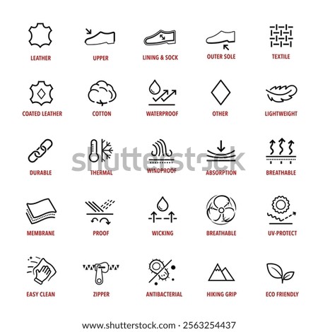Set icons for shoes materials. The outline icons are well scalable and editable. Contrasting vector elements are good for different backgrounds. EPS10.	