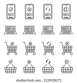 Set icons of shopping baskets and carts. Collection of icons for the store such as carts and shopping baskets, smartphone and online store etc. Laptop shopping, Add, Refresh and more