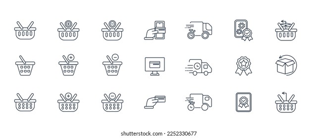 Set icons of shopping baskets, fast delivery, quality guarantee. Collection of icon for online store. Editable vector stroke 