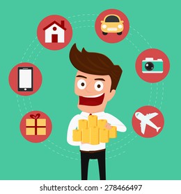 Set icons shopping . Money concept. Businessman holding money. Cartoon Vector Illustration.