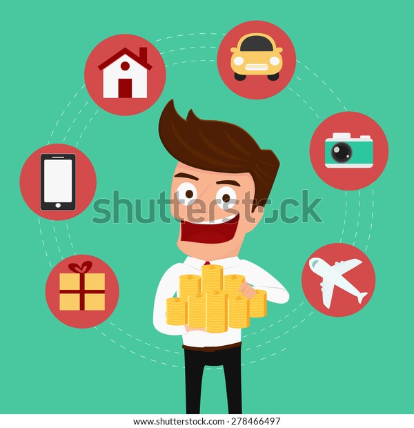 Set icons shopping . Money concept.\
Businessman holding money. Cartoon Vector\
Illustration.