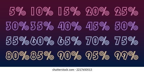 Set of icons for shops,sale banners,Black Friday. Vector illustration of design neon percentage numbers. Special offer symbols. Discount tag badge. Isolated on gradient background.