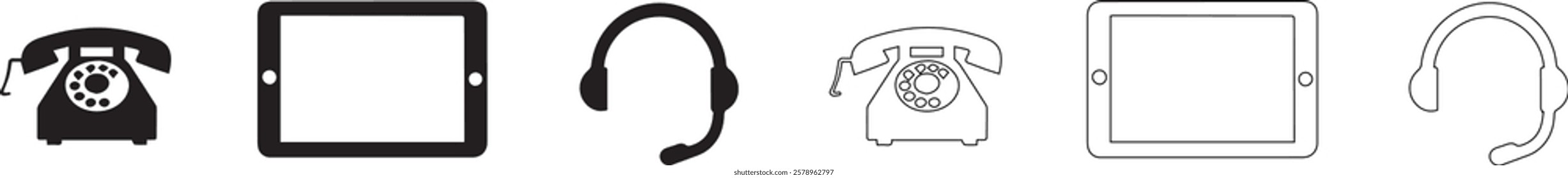 Set of icons showcasing communication devices like phones, tablets, and headsets in monochrome.