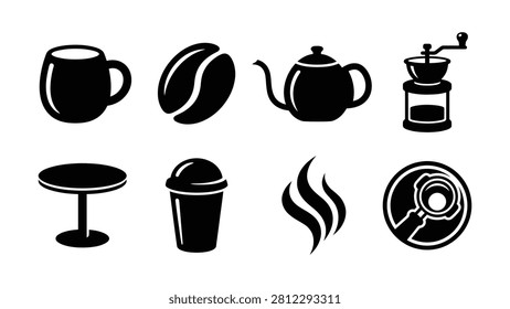 Set of icons showing coffee beans mug teapot grinder table cup steam and magnifying glass