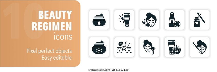 Set of icons showing different aspects of a skincare routine, including moisturizing, cleansing, and treating the skin