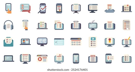 Set of icons showing different ways to take online tests using electronic devices