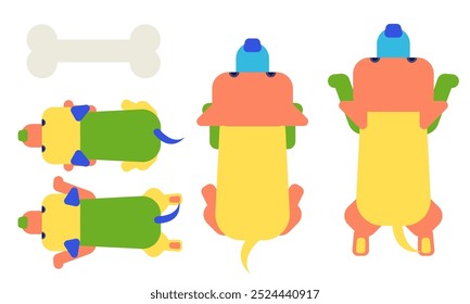 Um conjunto de ícones mostrando um cão correndo energeticamente de cima.