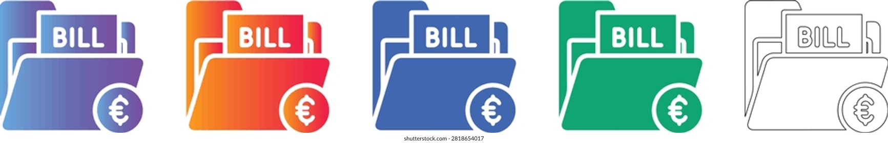 A set of icons showing a folder containing a bill with a euro currency symbol. These icons are ideal for billing software, accounting tools, and financial management user experiences.