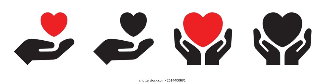 A set of icons showing hands holding or offering hearts. Symbolizing love, care, support, donation, and compassion. Perfect for healthcare, charity, or volunteer-related designs. Heart, icons.