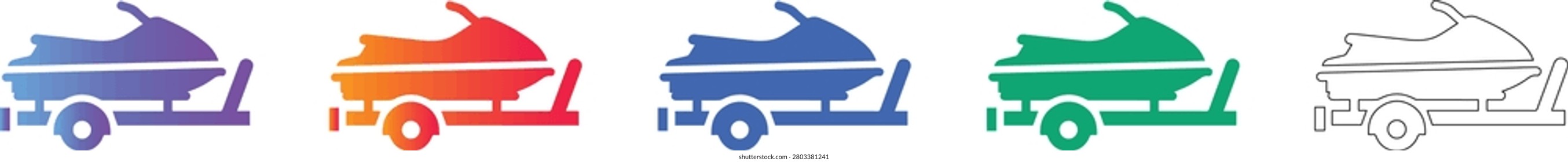 A set of icons showing a jet ski on a trailer, perfect for marine recreation, water sports businesses, and maritime equipment websites.