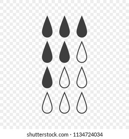 Set of icons showing the level of liquid in the tank by filling the water droplets. Vector illustration on a transparent background.