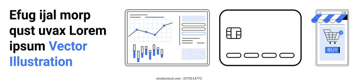 Set of icons showing a market analysis graph, a credit card, and an online shopping cart. Ideal for finance, e-commerce, data analysis, digital transactions, and business growth. Banner for landing