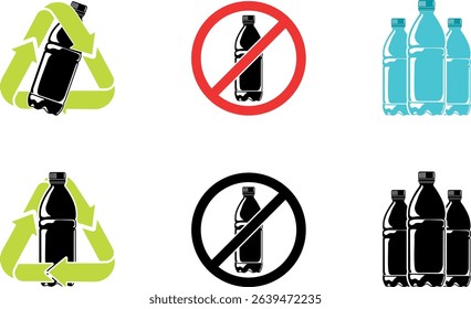 Set of icons showing plastic bottles for recycling, prohibition, and drinks without background. Includes green arrows, red and black prohibition signs, and grouped bottle silhouettes.