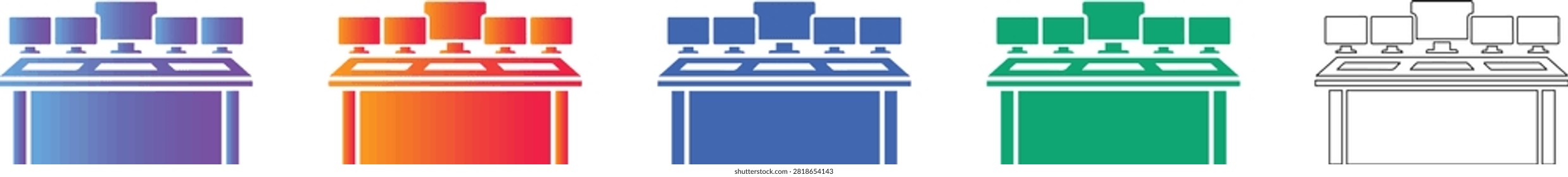 A set of icons showing a professional command center desk setup with five monitors, perfect for cybersecurity, trading, or complex data management visuals.