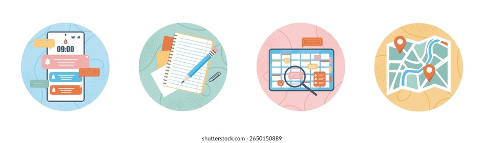 Conjunto de ícones mostrando notificações de smartphone, bloco de anotações com lápis, calendário com tarefas e mapa com pinos de localização em fundos texturizados coloridos. Ilustração vetorial