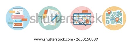 Set of icons showing smartphone notifications, notebook with pencil, calendar with tasks, and map with location pins on colorful textured backgrounds. Vector illustration