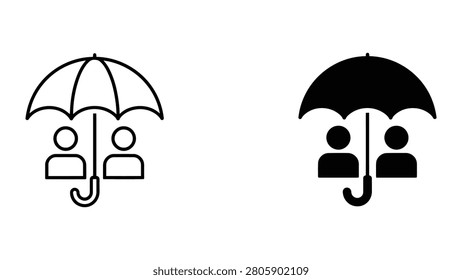 A set of icons showing two people sharing an umbrella symbolizing protection and teamwork.