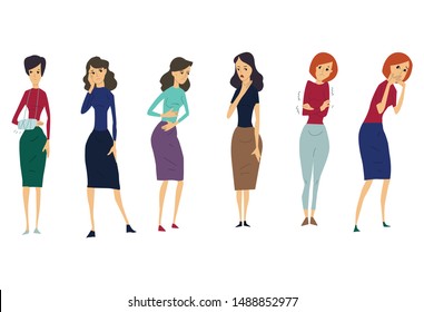 Set of icons with sick people characters - cold, cough, chills, broken arm, abdominal pain. Vector illustration isolated on white background.