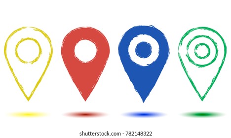 Set of icons of signs on the map colored yellow, red, blue, green. Vector EPS 10 isolated.