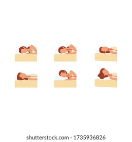 Set of icons, signs and symbols with correct and incorrect poses for sleeping women, isolated vector flat illustration.