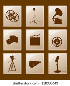 Set of icons with silhouettes; gramophone, reflector, film, camera, microphone, megaphone...
