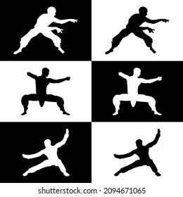un conjunto de iconos o siluetas del logotipo de un maestro de karate en variaciones en blanco y negro, que se pueden utilizar como un proyecto complementario