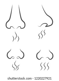 set of icons with silhouettes of the nose from different angles, which inhale different odors, which are depicted in the form of waves