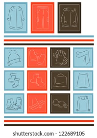 Set of icons of silhouettes of winter clothing and sports equipment