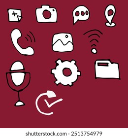 A set of icons, simple images, basic colors, technological needs.