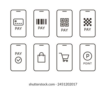 Conjunto de íconos en un estilo simple y minimalista con el concepto de 'pago' para realizar pagos con un smartphone en compras, tiendas, tiendas, mercados y centros comerciales.código de barras, QR, tarjeta, bolso, Carrito, punto.