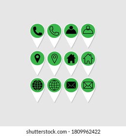 Set of icons for the site. Black icons on green. Web icons with shadow. Telephone. User. Location. Home. The Internet. Email. Vector EPS10