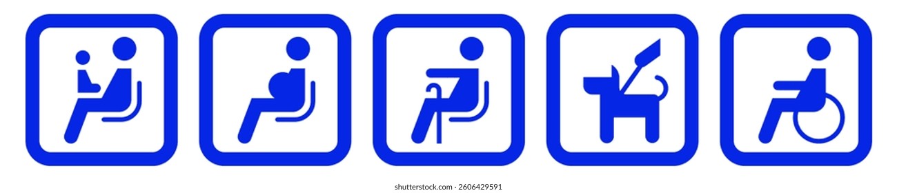 Set of icons of sitting people. Set of stickers priority places for people with disabilities. Symbols for public place, bus. Vector illustration.