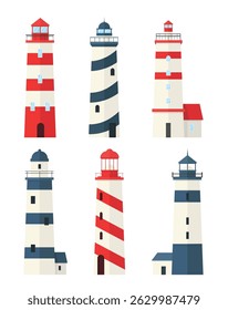 Set of icons of six lighthouses with towers. Guiding, coastal lighthouses. Architecture.