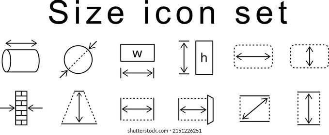 Set of icons with sizes. The set includes icons indicating the width, depth, height, wall thickness, diameter and diagonal.