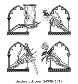 A set of icons of skeleton hands in a gothic window frame with a hourglass, a Joker playing card, a rose flower and an old dagger. Vector illustration in vintage engraving style