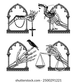 A set of icons of skeleton hands in a gothic window frame holding rosary beads with a cross, a glass of splashing wine, a sitting bird and an old scales. Vector illustration in engraving style