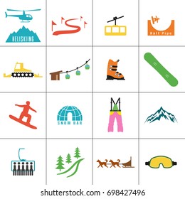 Set of icons for ski and winter sports. Design for tourist catalog, maps of the ski slopes, placard, brochure, flyer, booklet. Vector illustration.