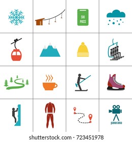 Set of icons for ski and winter sports. Design for tourist catalog, maps of the ski slopes, placard, brochure, flyer, booklet. Vector illustration.