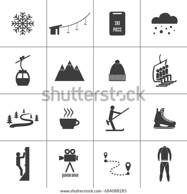 Set of icons for ski and winter sports.\
Design for tourist catalog, maps of the ski slopes, placard,\
brochure, flyer, booklet. Vector\
illustration.