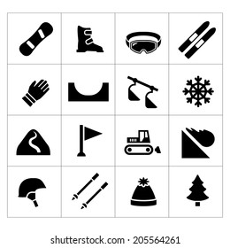 Set icons of skiing and snowboarding isolated on white. Vector illustration