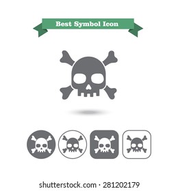 Set of icons with skull and crossbones, with text on green ribbon