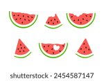 A set of icons of sliced ripe watermelon slices in a flat style. Vector colorful illustration isolated on a white background